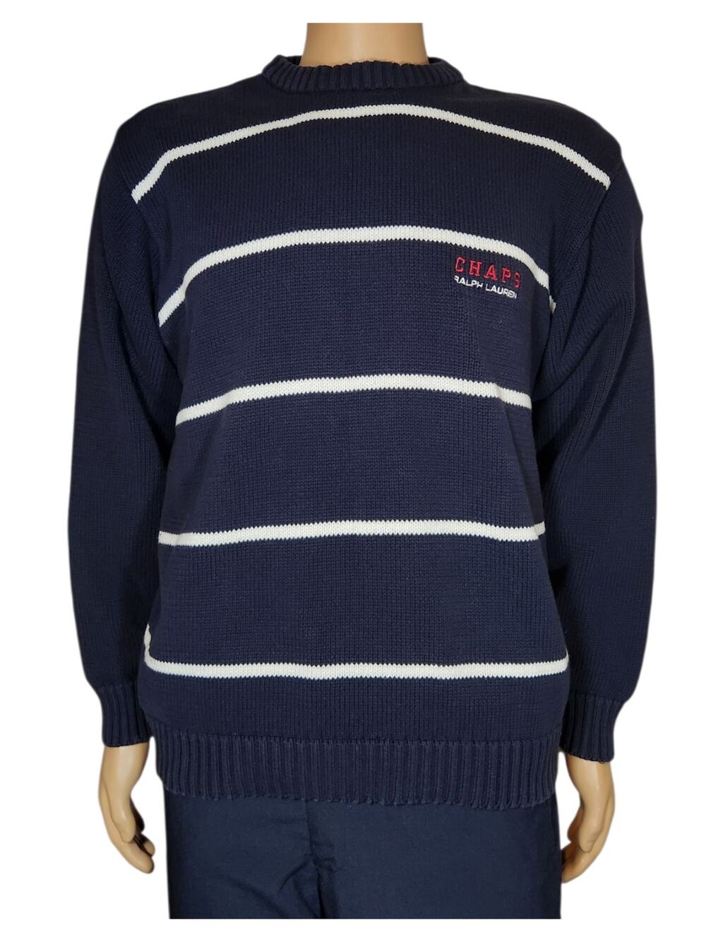 Vintage Chaps Ralph Lauren Sweater Mens Sz L Knit Blue/White Striped Pullover